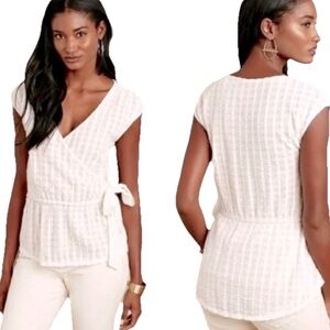 Anthropologie Deletta Malpelo OffWhite Faux Wrap Vneck Peplum shortsleeve Top XS